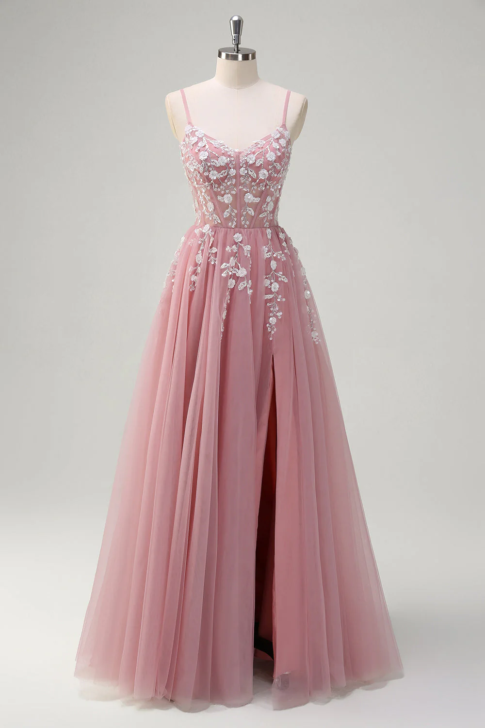 Robe de Soirée à paillettes à bretelles spaghetti trapèze bleu royal avec fente - Image 7