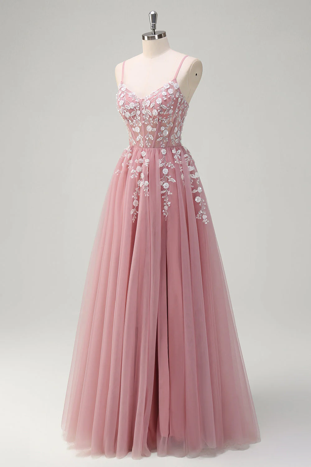 Robe de Soirée à paillettes à bretelles spaghetti trapèze bleu royal avec fente - Image 9