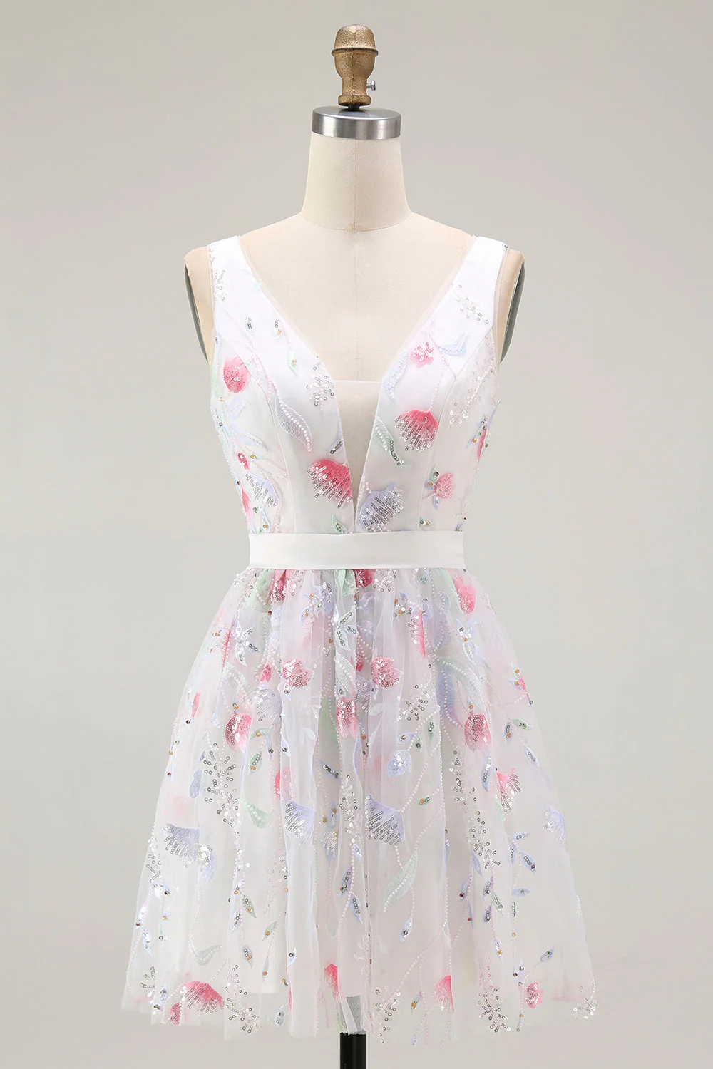 Robe de bal à paillettes à paillettes blanches scintillantes à col en V