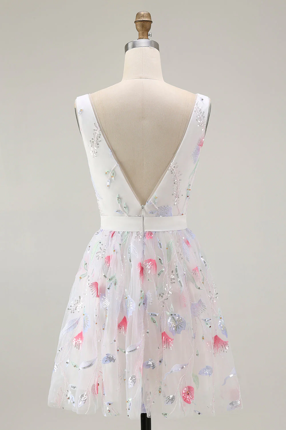 Robe de bal à paillettes à paillettes blanches scintillantes à col en V - Image 2