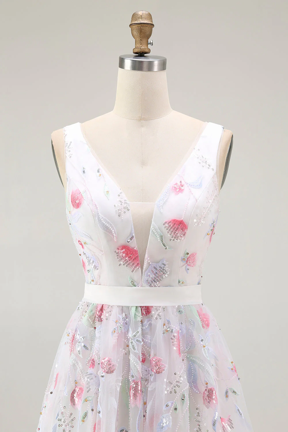 Robe de bal à paillettes à paillettes blanches scintillantes à col en V - Image 4