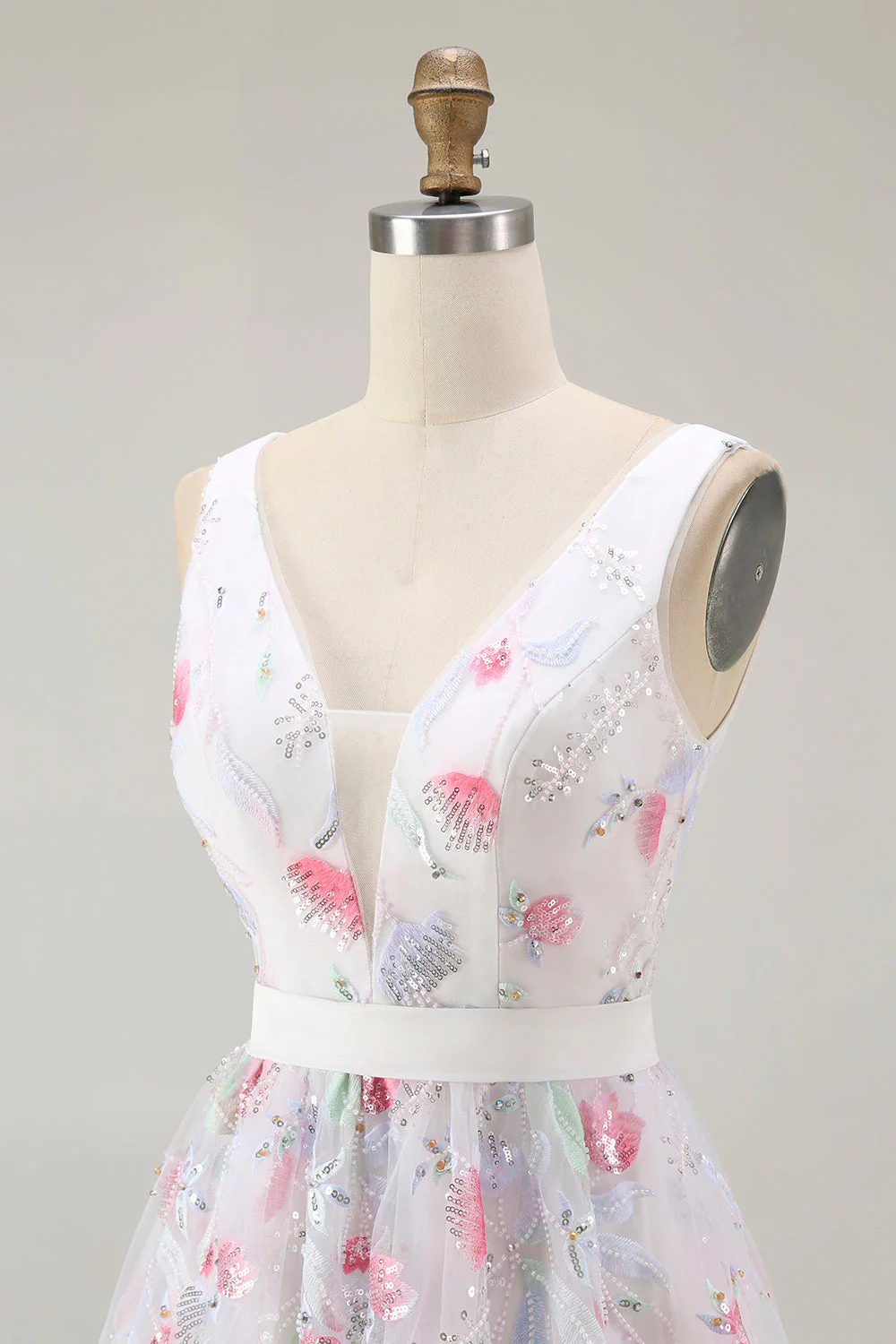 Robe de bal à paillettes à paillettes blanches scintillantes à col en V - Image 6