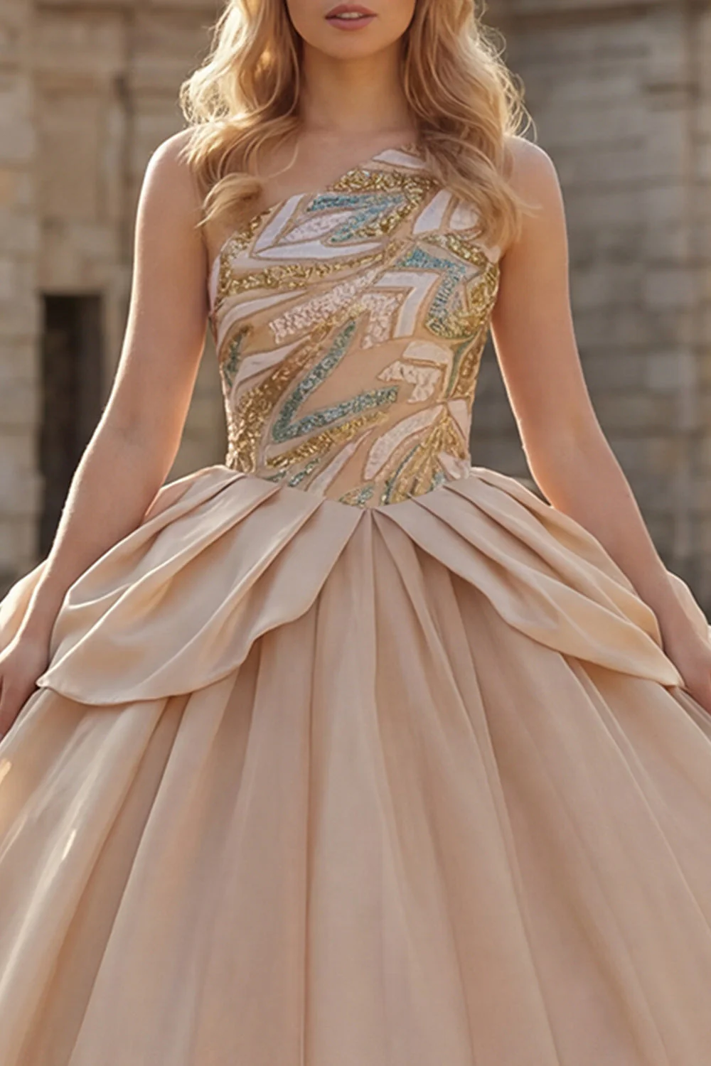 Robe de bal à paillettes à une épaule scintillante robe de quinceañera champagne - Image 3