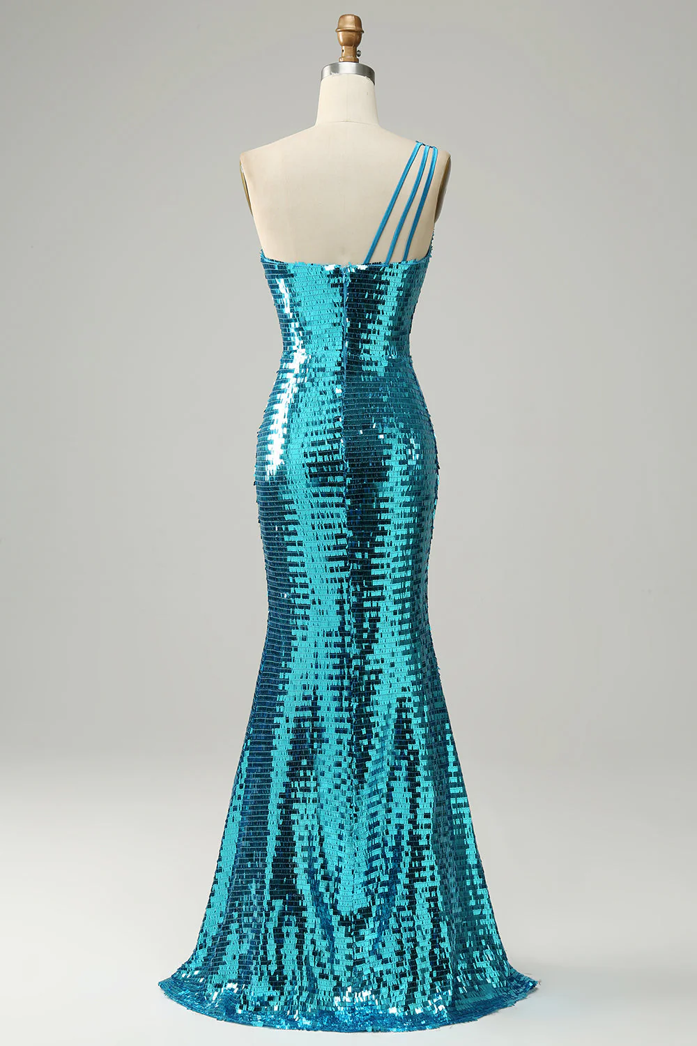 Robe de bal à paillettes bleu étincelante à une épaule avec fente - Image 2
