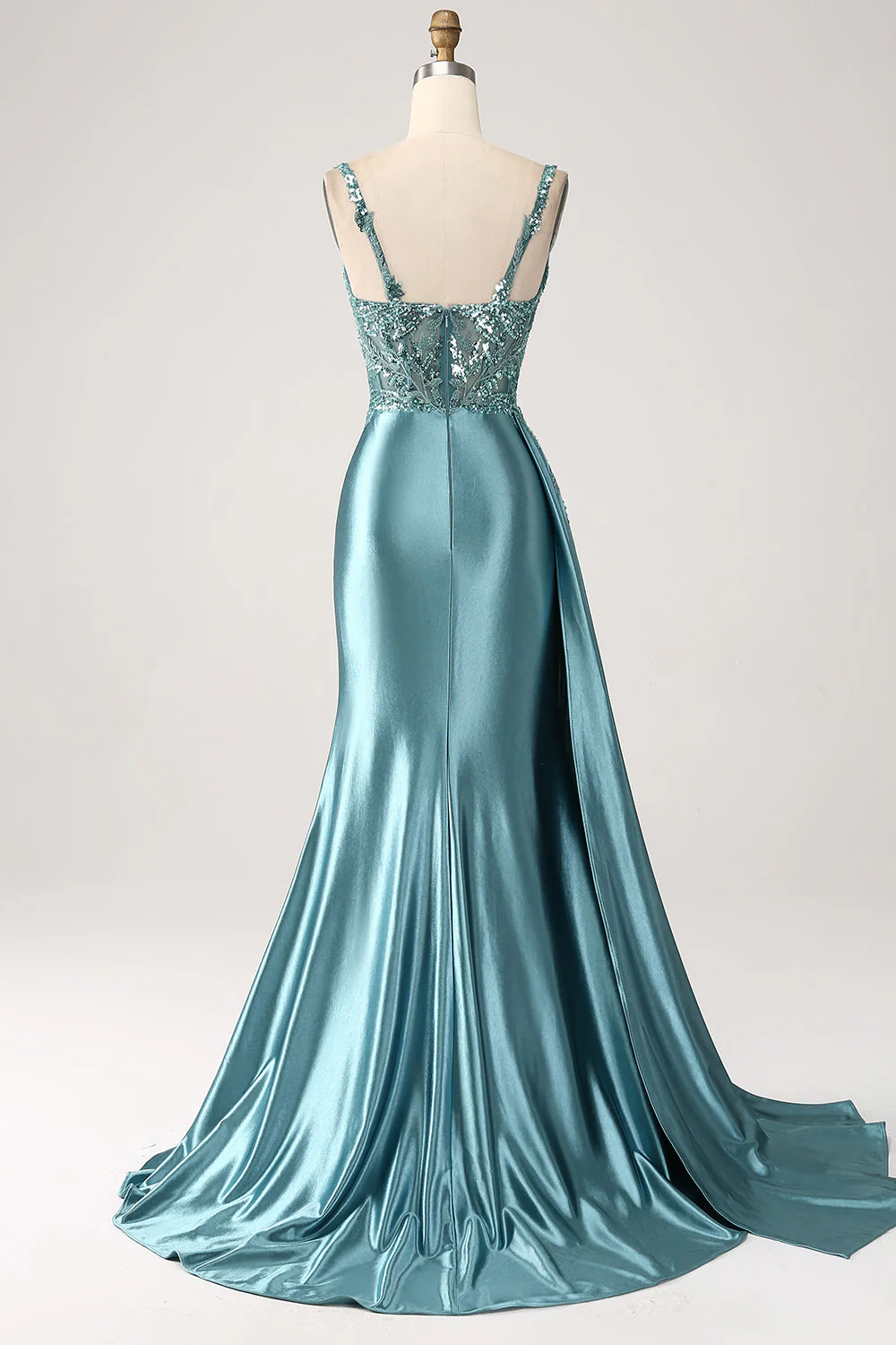 Robe de Soirée à paillettes en satin à col en V bleu sirène avec fente - Image 2