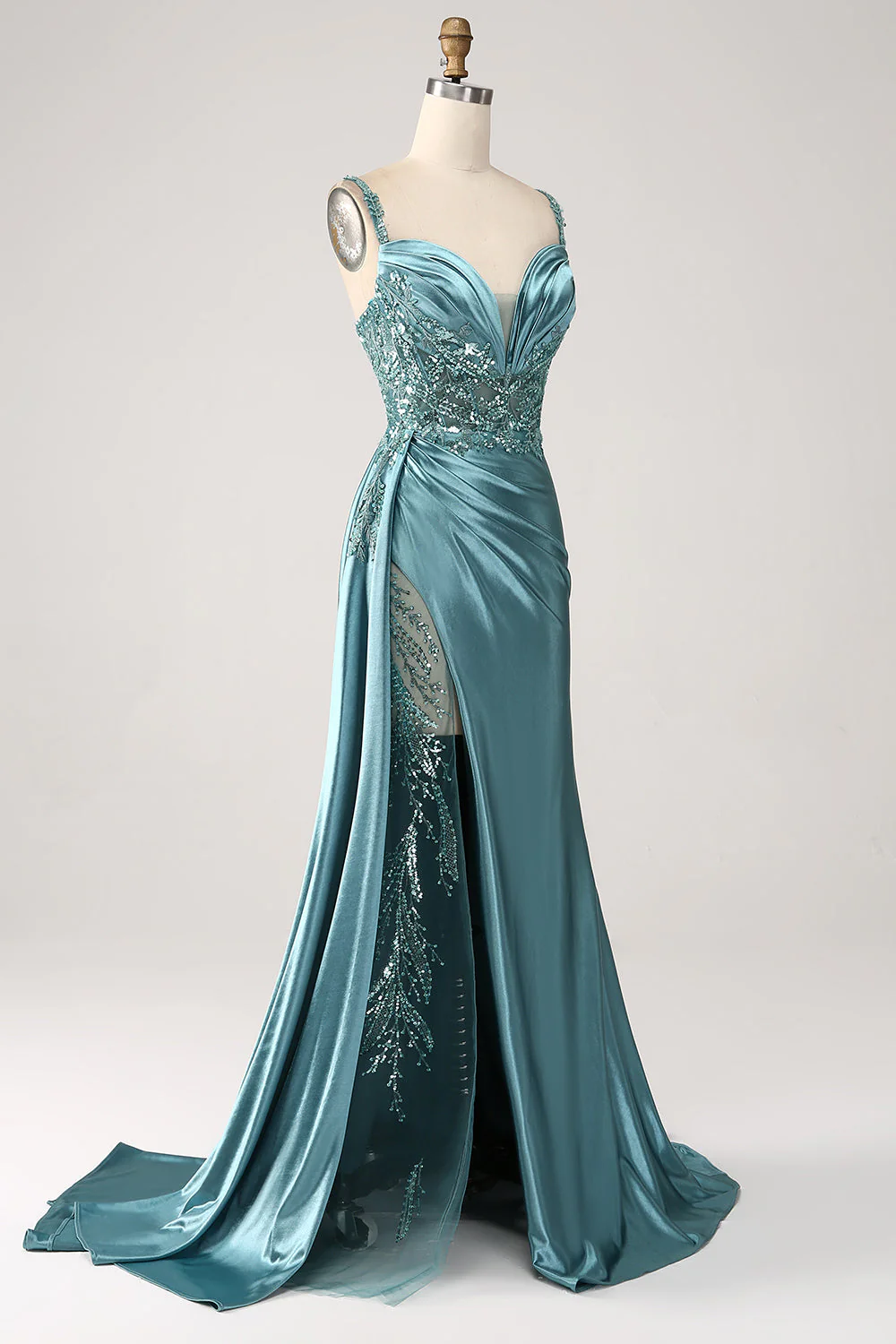 Robe de Soirée à paillettes en satin à col en V bleu sirène avec fente - Image 3