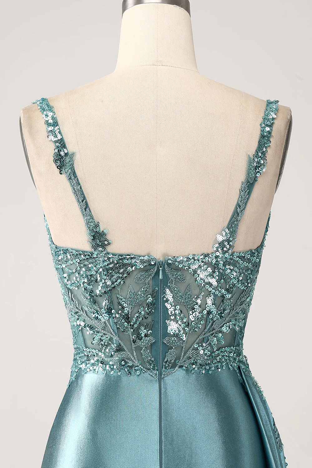 Robe de Soirée à paillettes en satin à col en V bleu sirène avec fente - Image 5