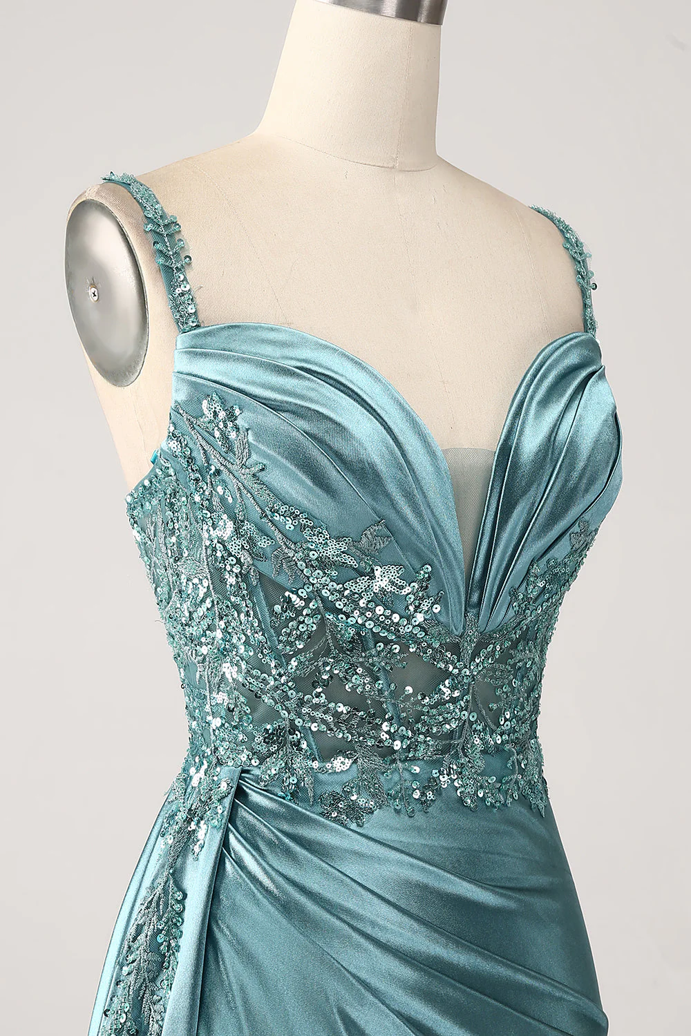 Robe de Soirée à paillettes en satin à col en V bleu sirène avec fente - Image 6