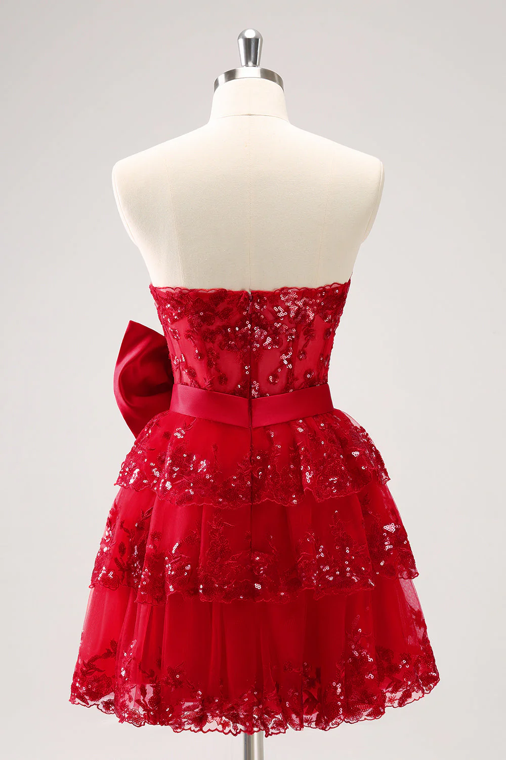 Robe de soirée Court à paillettes étaiées rouge trapèze scintillante avec nœud - Image 2