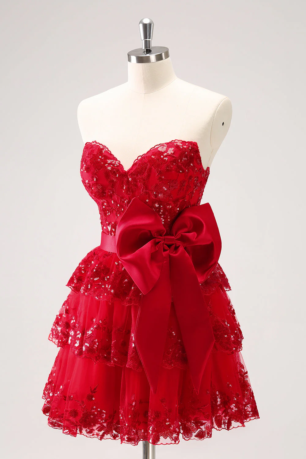 Robe de soirée Court à paillettes étaiées rouge trapèze scintillante avec nœud - Image 3
