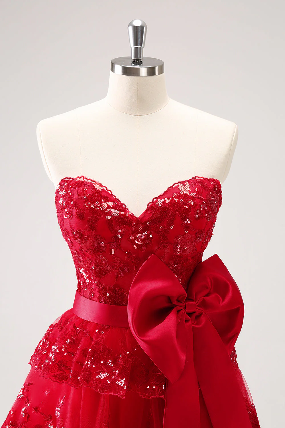 Robe de soirée Court à paillettes étaiées rouge trapèze scintillante avec nœud - Image 4