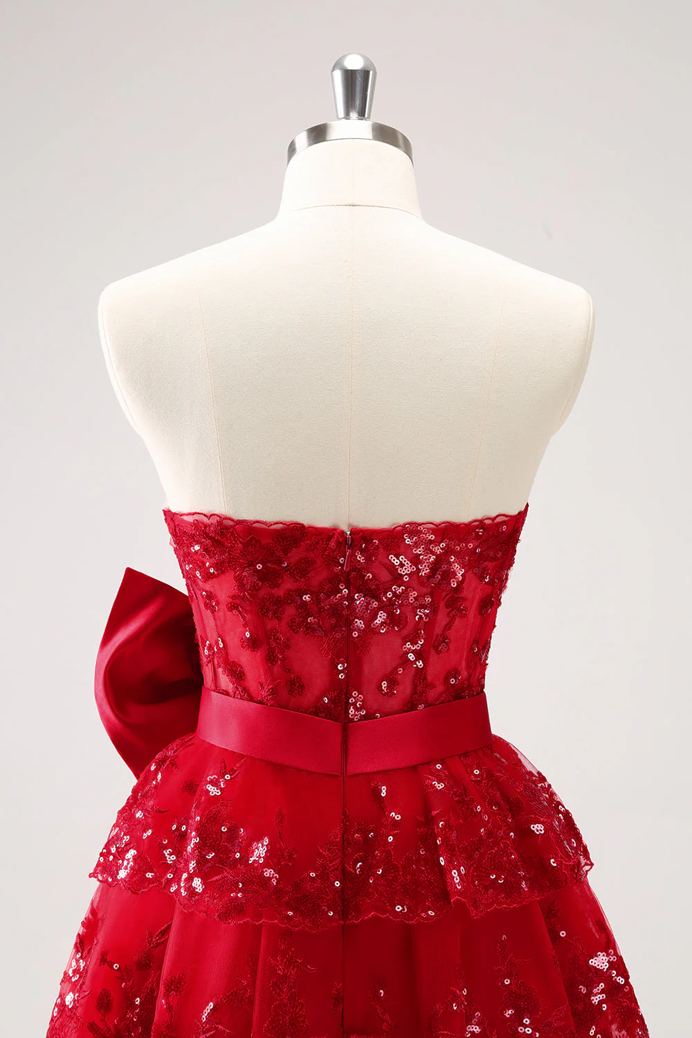 Robe de soirée Court à paillettes étaiées rouge trapèze scintillante avec nœud - Image 5