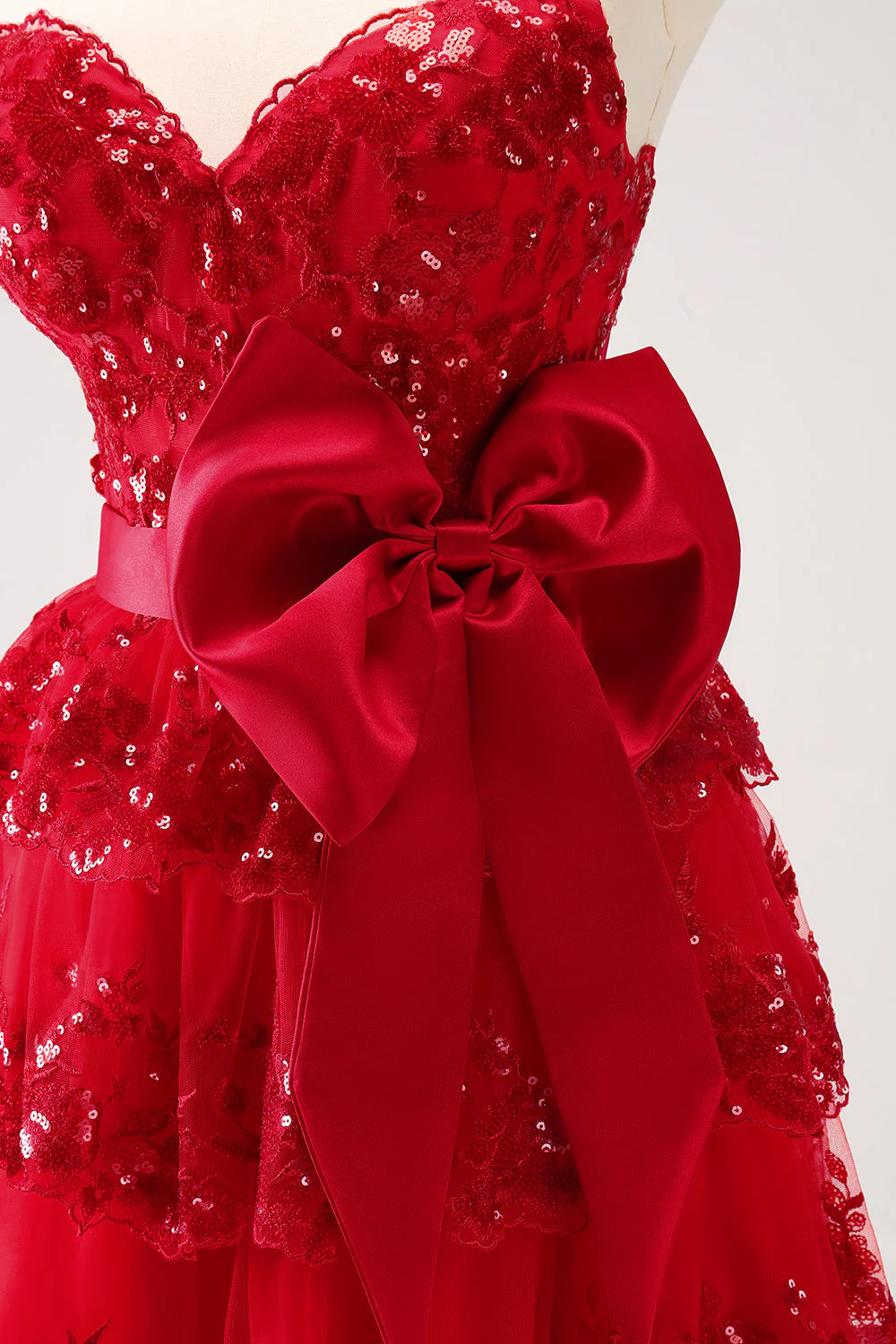 Robe de soirée Court à paillettes étaiées rouge trapèze scintillante avec nœud - Image 7