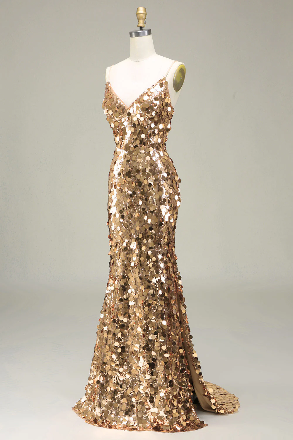 Robe de bal à paillettes sirène dorée scintillante avec fente - Image 3