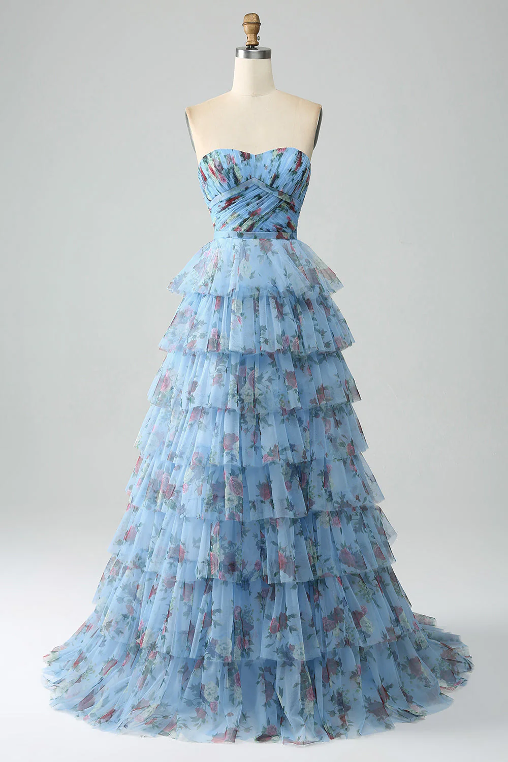 Robe de soirée à plusieurs niveaux imprimée florale à épaules dénudées avec plissée - Image 10