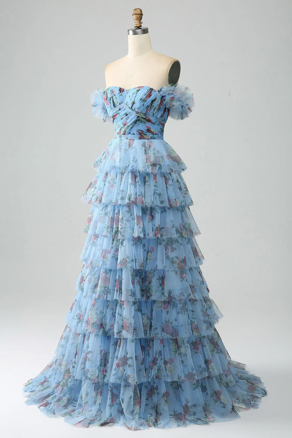 Robe de soirée à plusieurs niveaux imprimée florale à épaules dénudées avec plissée - Image 11