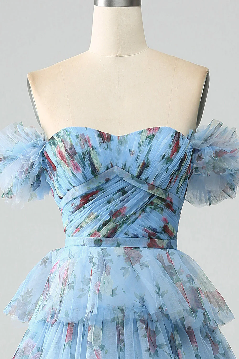 Robe de soirée à plusieurs niveaux imprimée florale à épaules dénudées avec plissée - Image 12