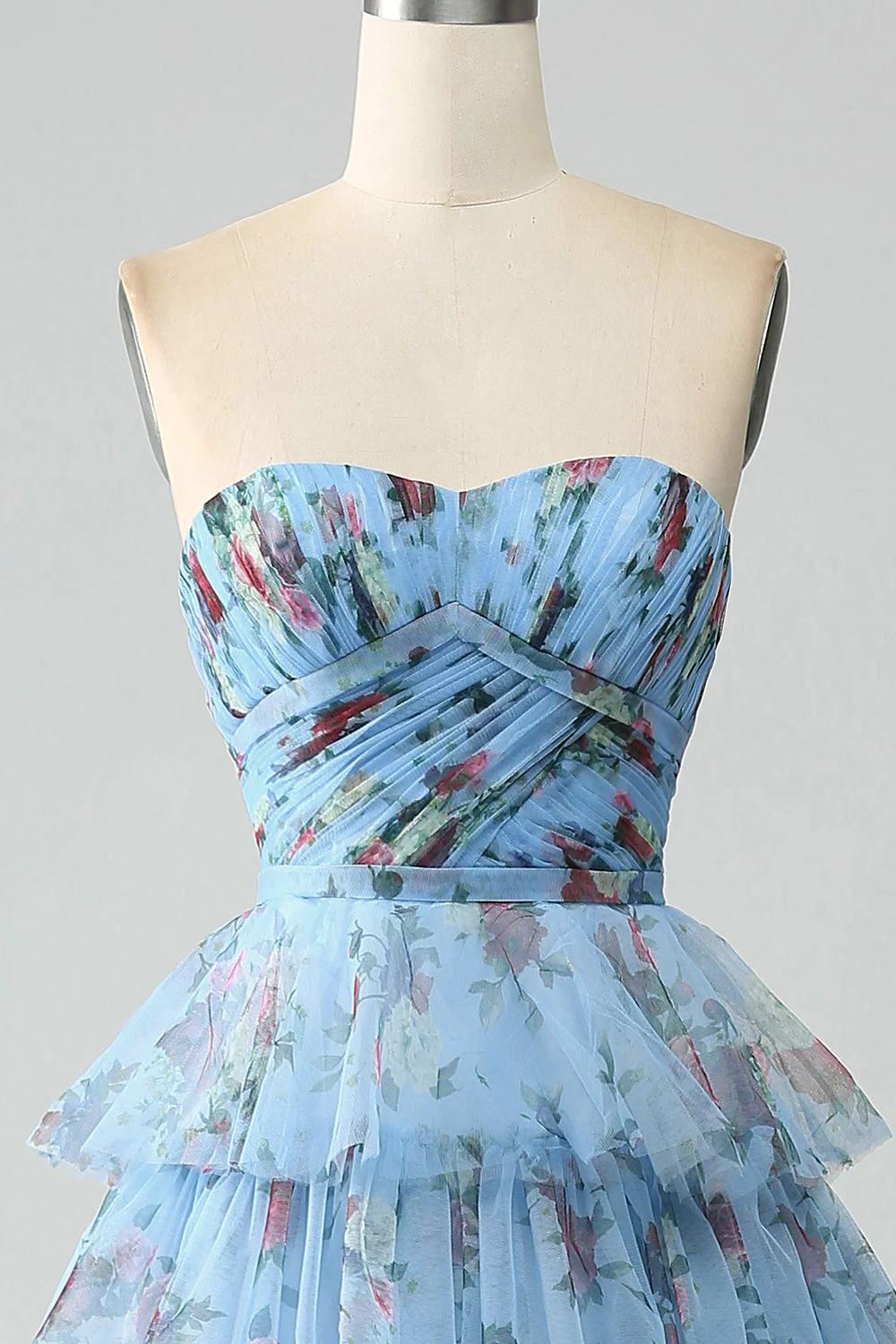 Robe de soirée à plusieurs niveaux imprimée florale à épaules dénudées avec plissée - Image 14