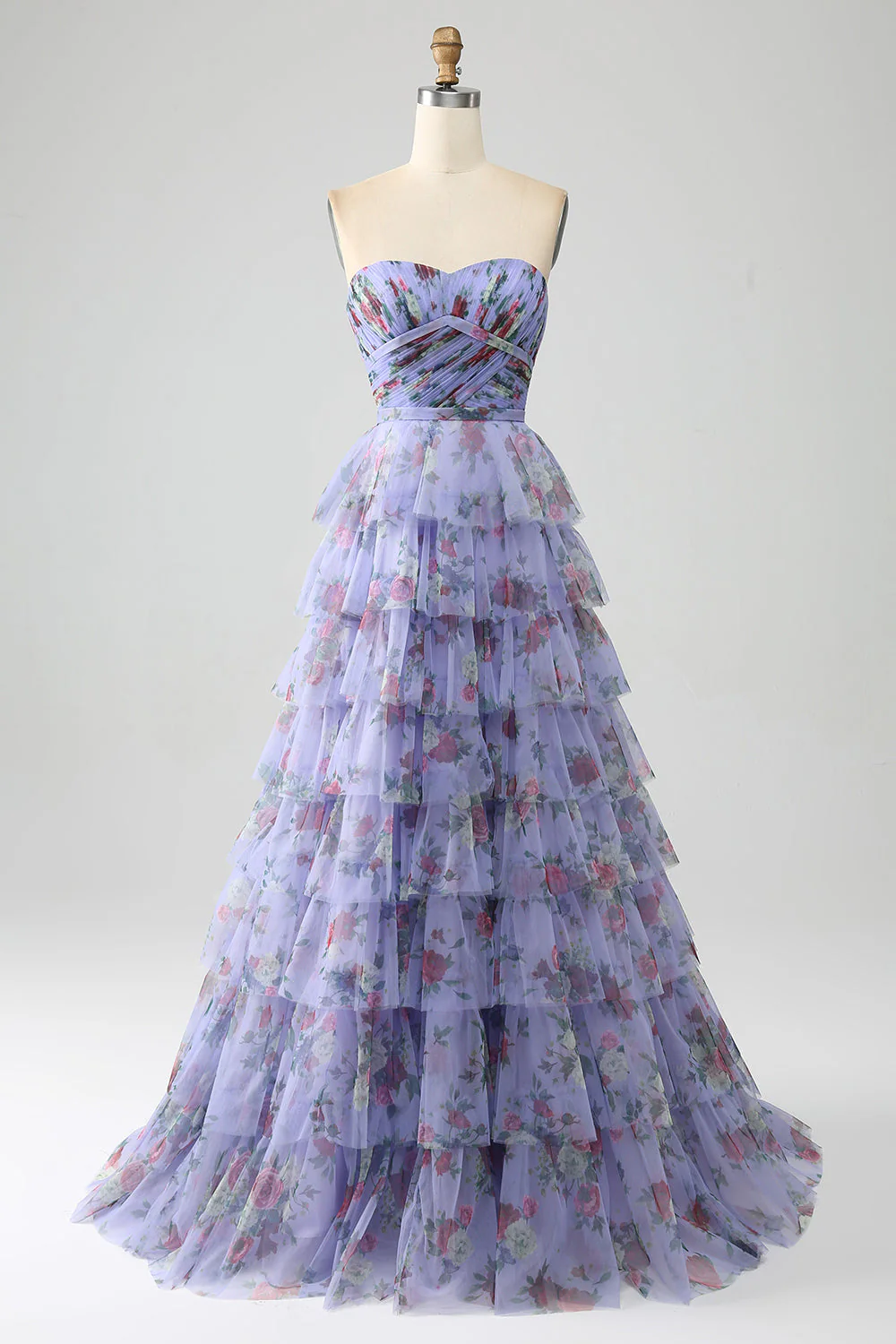 Robe de soirée à plusieurs niveaux imprimée florale à épaules dénudées avec plissée - Image 3
