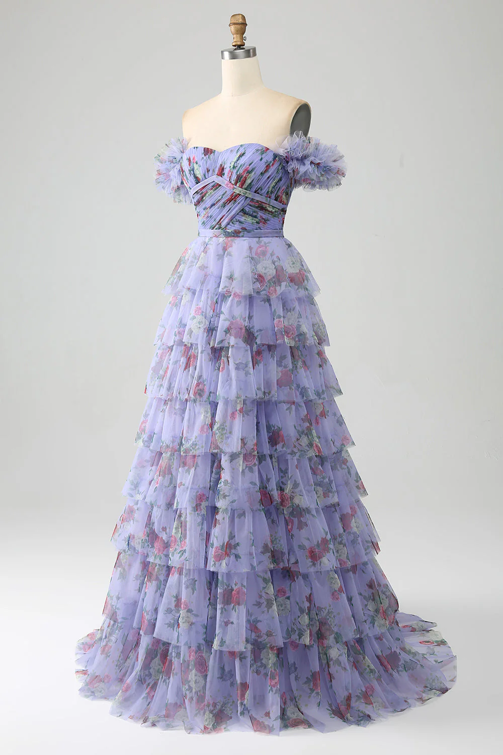 Robe de soirée à plusieurs niveaux imprimée florale à épaules dénudées avec plissée - Image 4
