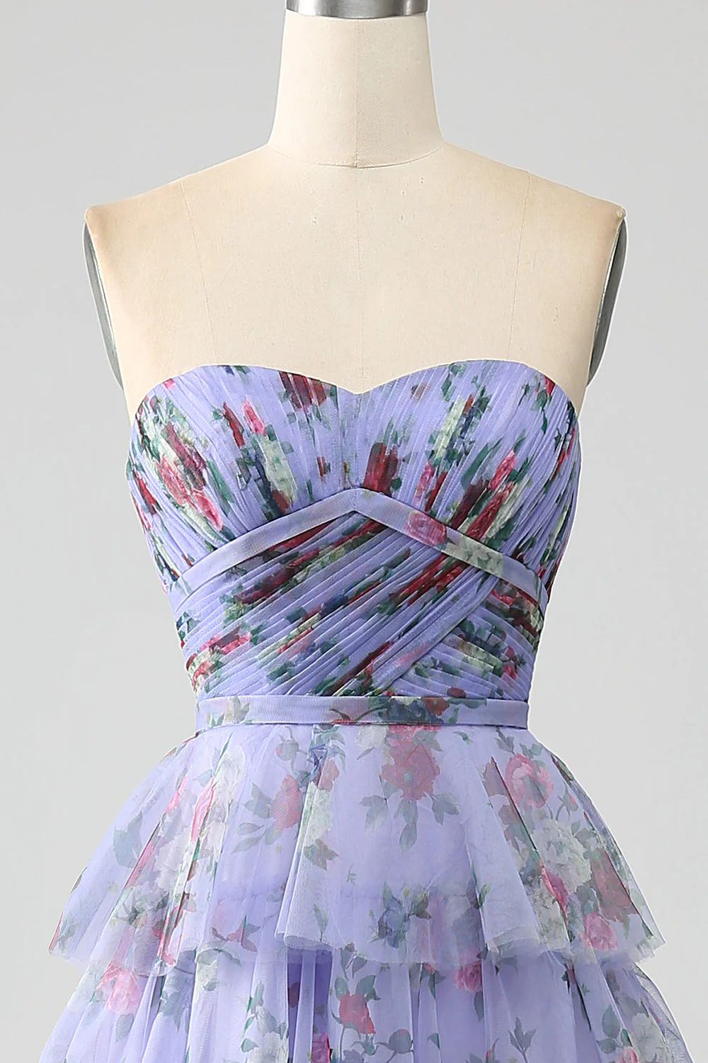 Robe de soirée à plusieurs niveaux imprimée florale à épaules dénudées avec plissée - Image 5