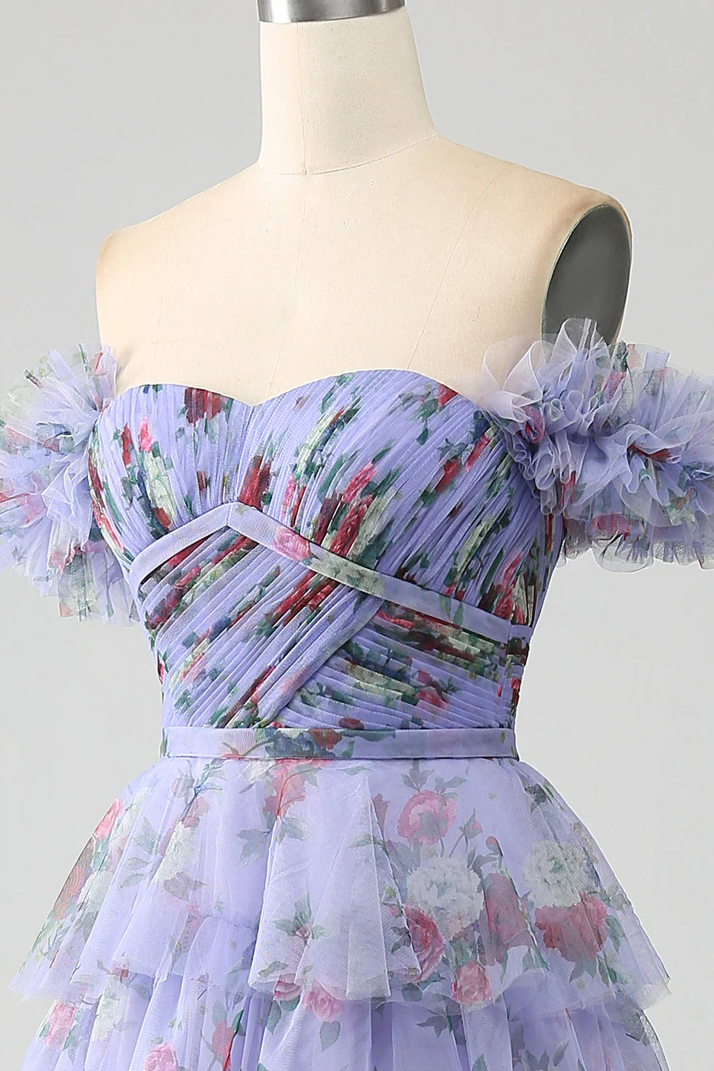 Robe de soirée à plusieurs niveaux imprimée florale à épaules dénudées avec plissée - Image 6