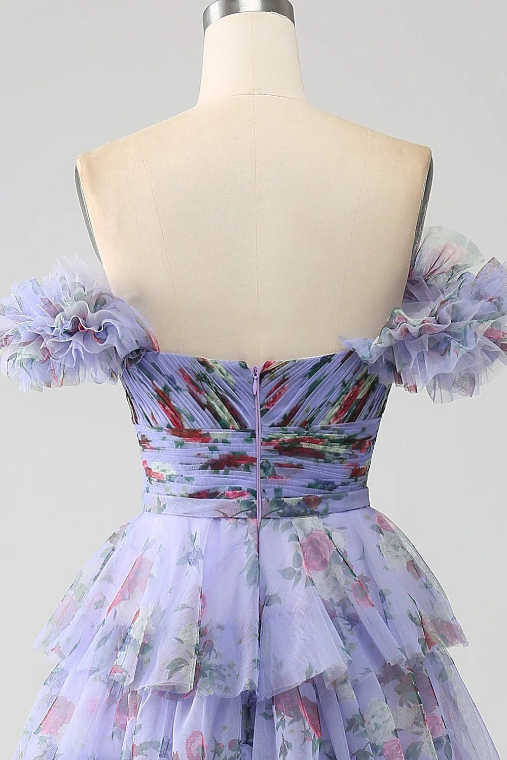 Robe de soirée à plusieurs niveaux imprimée florale à épaules dénudées avec plissée - Image 7