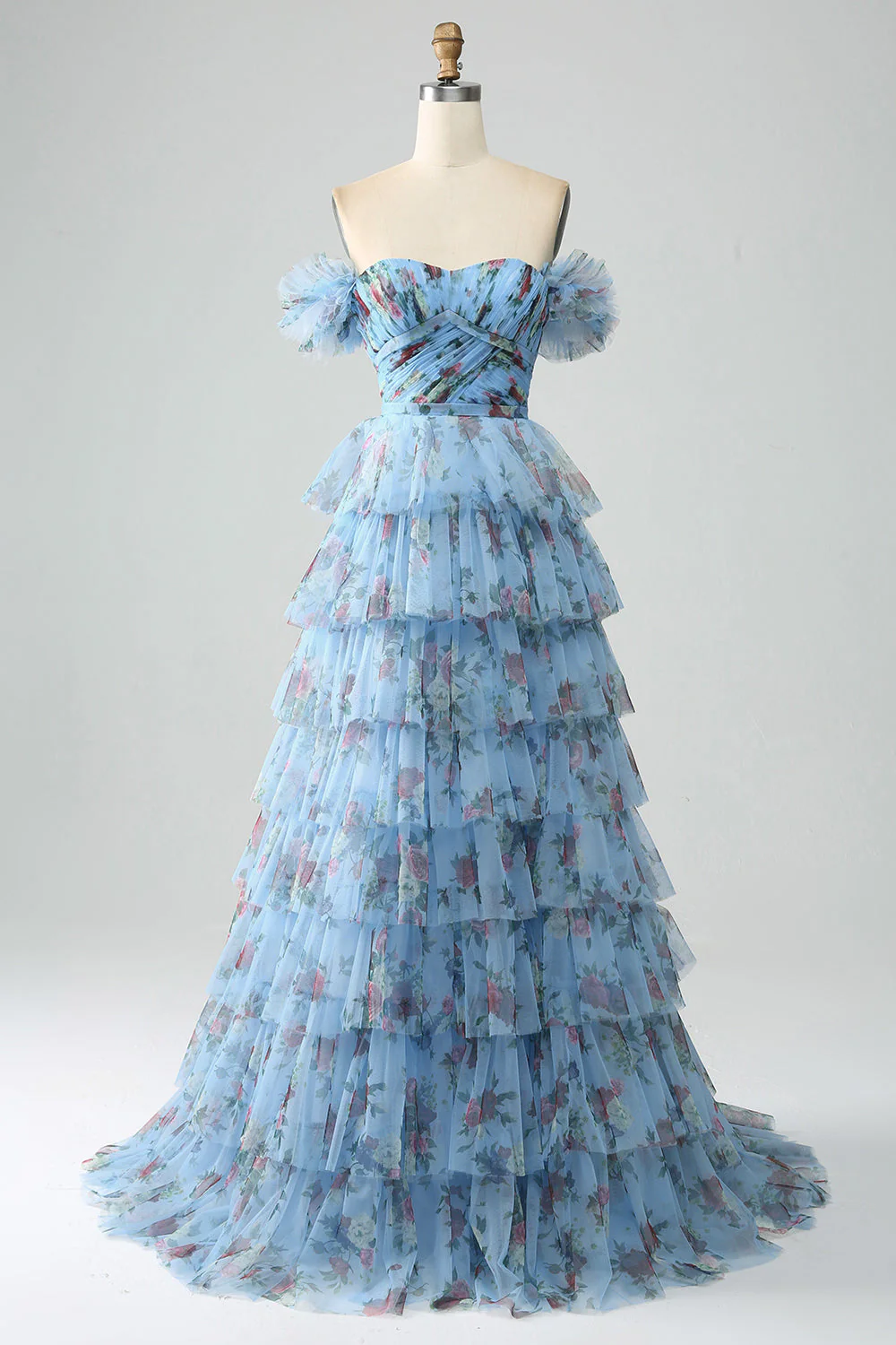 Robe de soirée à plusieurs niveaux imprimée florale à épaules dénudées avec plissée - Image 8