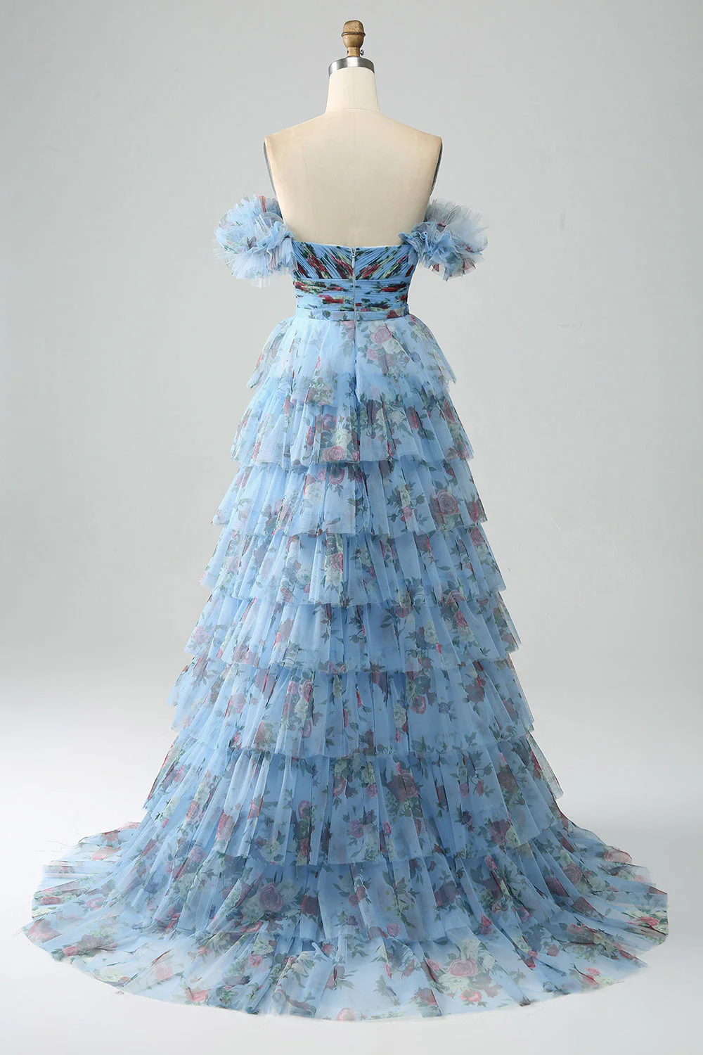 Robe de soirée à plusieurs niveaux imprimée florale à épaules dénudées avec plissée - Image 9