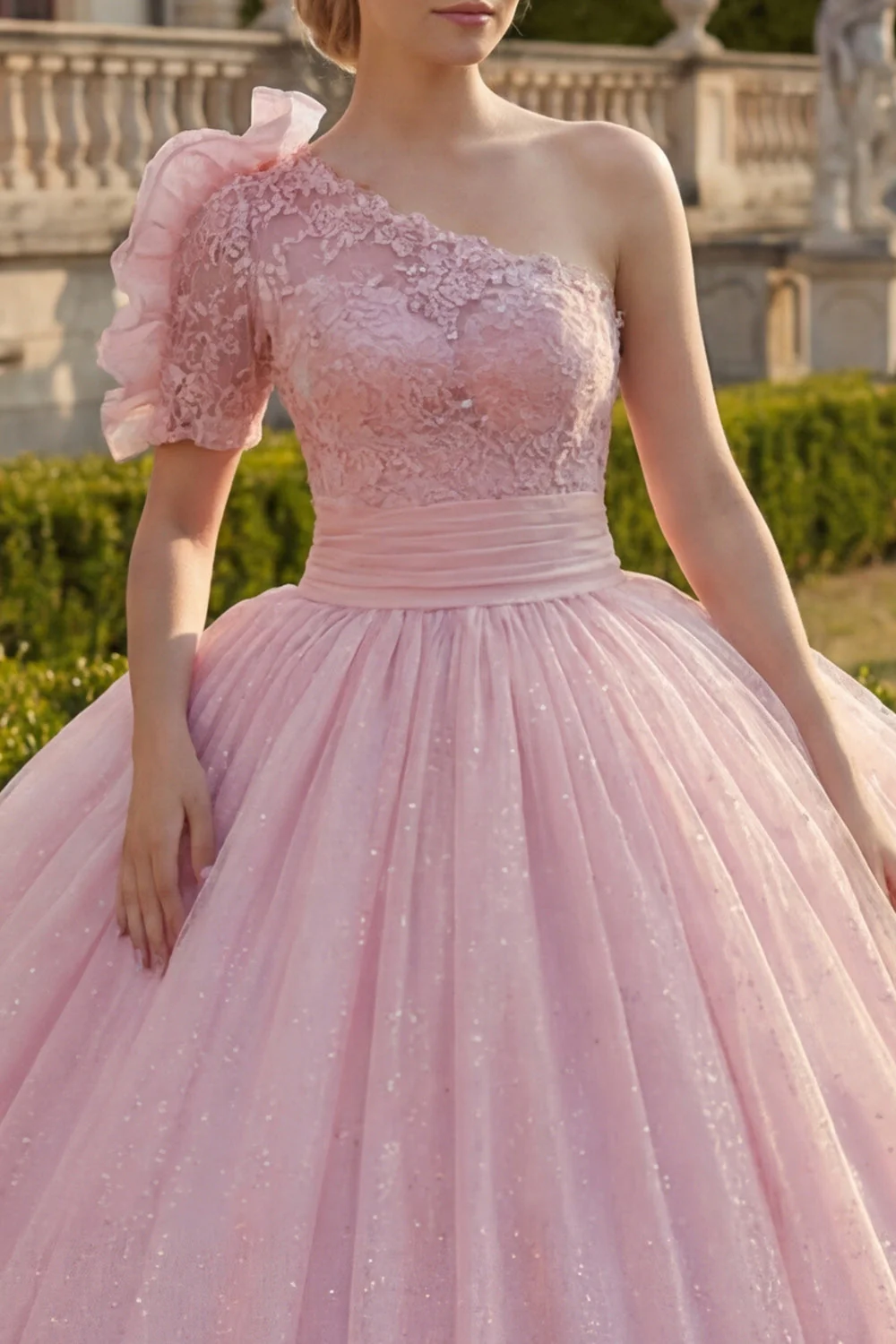 Robe de bal à une épaule robe rose à paillettes appliquées et à paillettes Quinceañera - Image 3