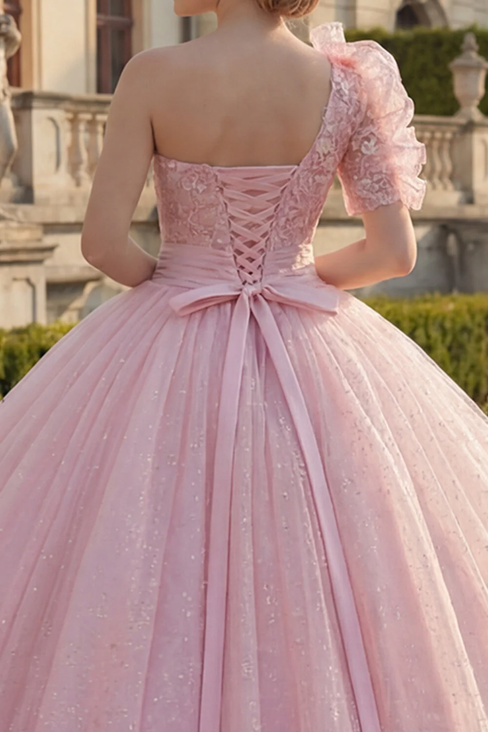 Robe de bal à une épaule robe rose à paillettes appliquées et à paillettes Quinceañera - Image 4
