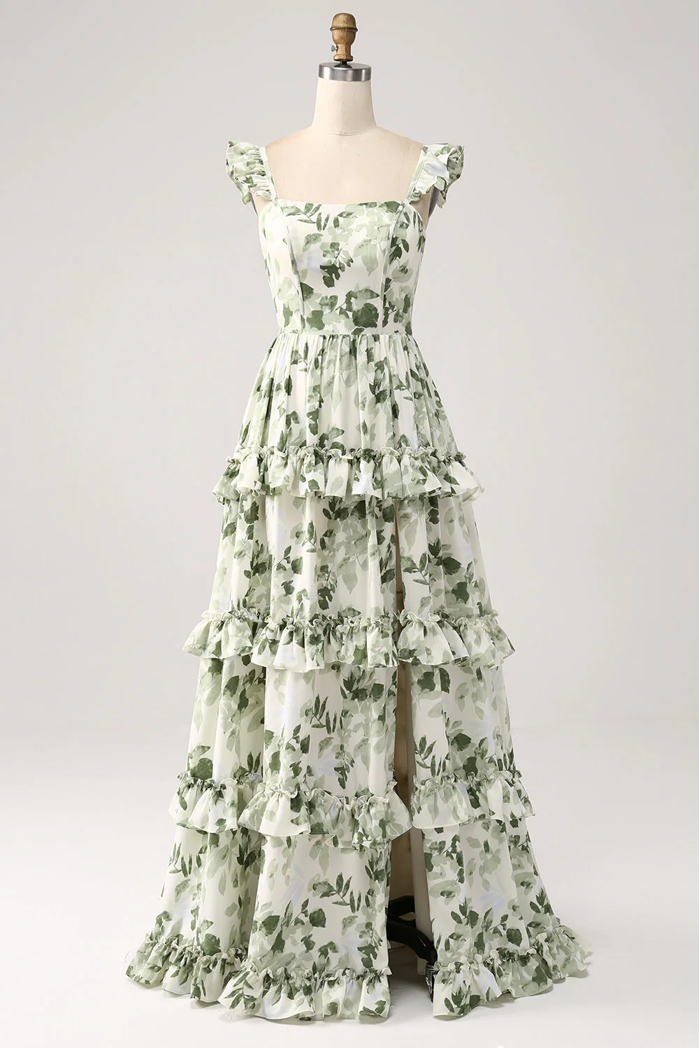 Robe de Soirée à volants floraux verts à plusieurs niveaux avec fente