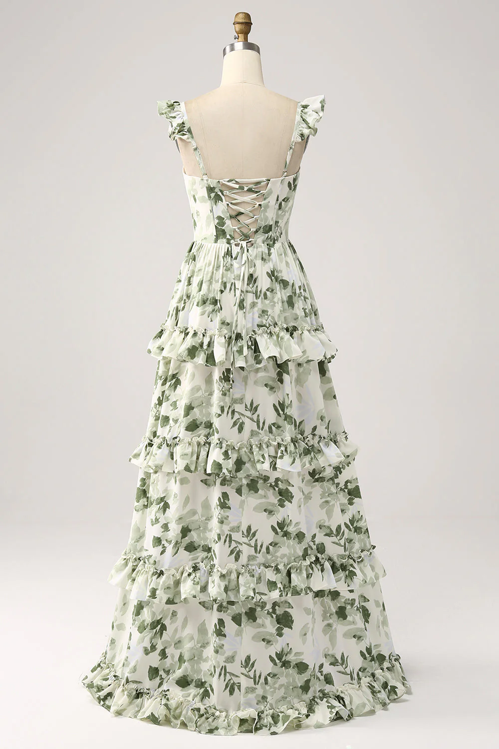 Robe de Soirée à volants floraux verts à plusieurs niveaux avec fente - Image 2