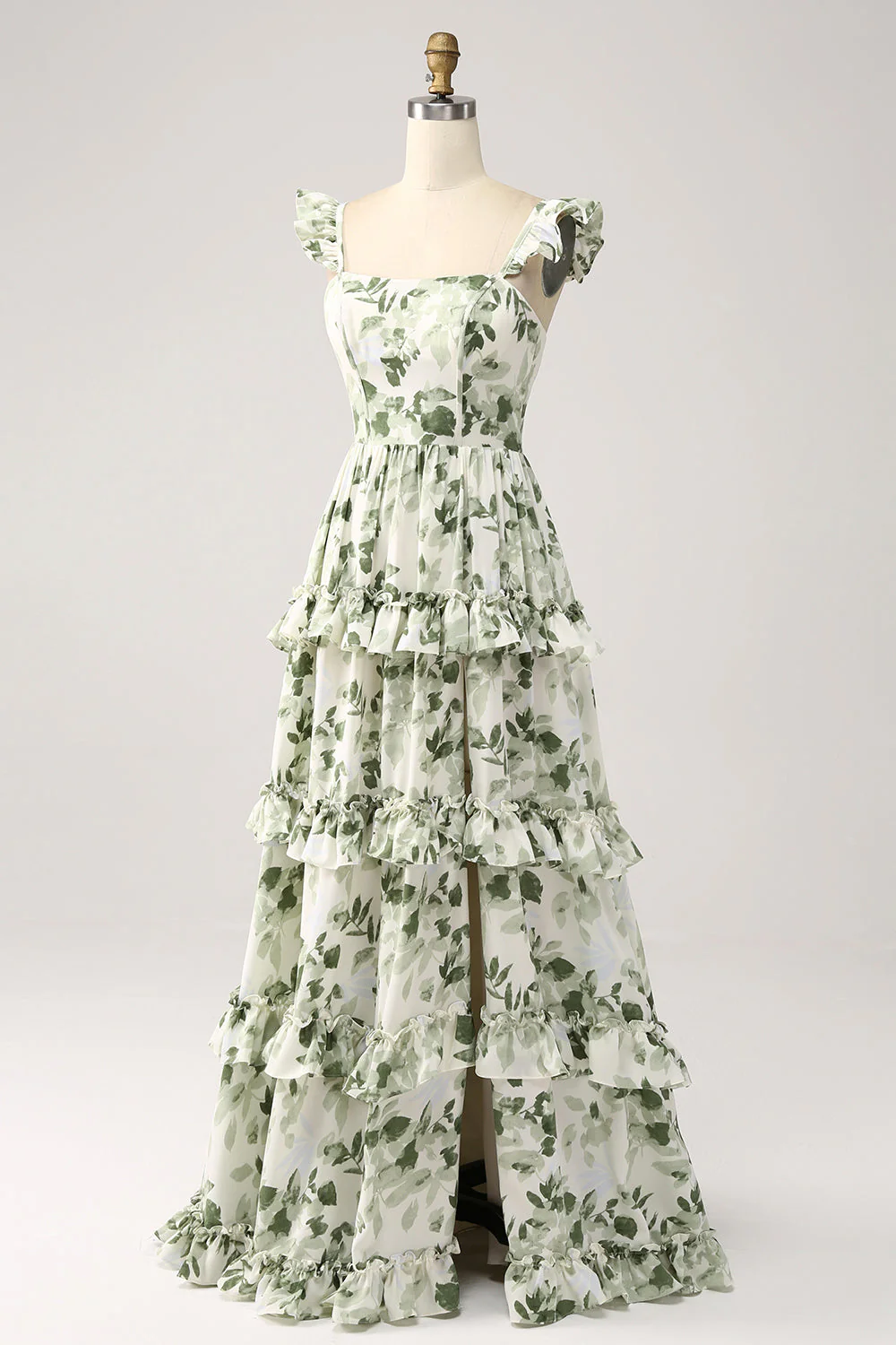 Robe de Soirée à volants floraux verts à plusieurs niveaux avec fente - Image 3