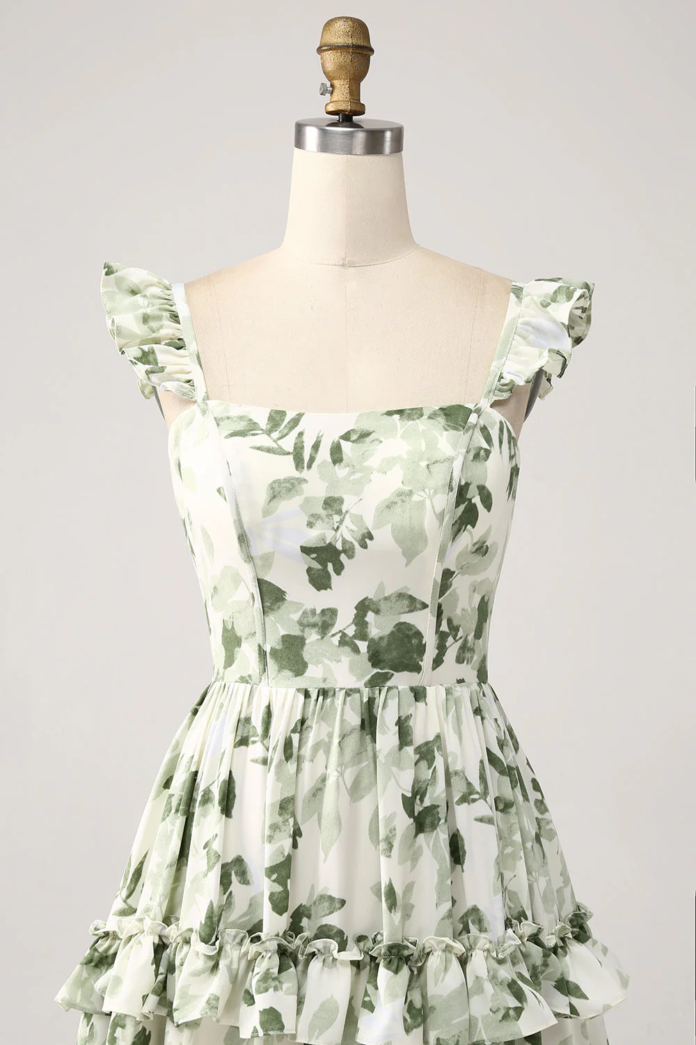 Robe de Soirée à volants floraux verts à plusieurs niveaux avec fente - Image 4