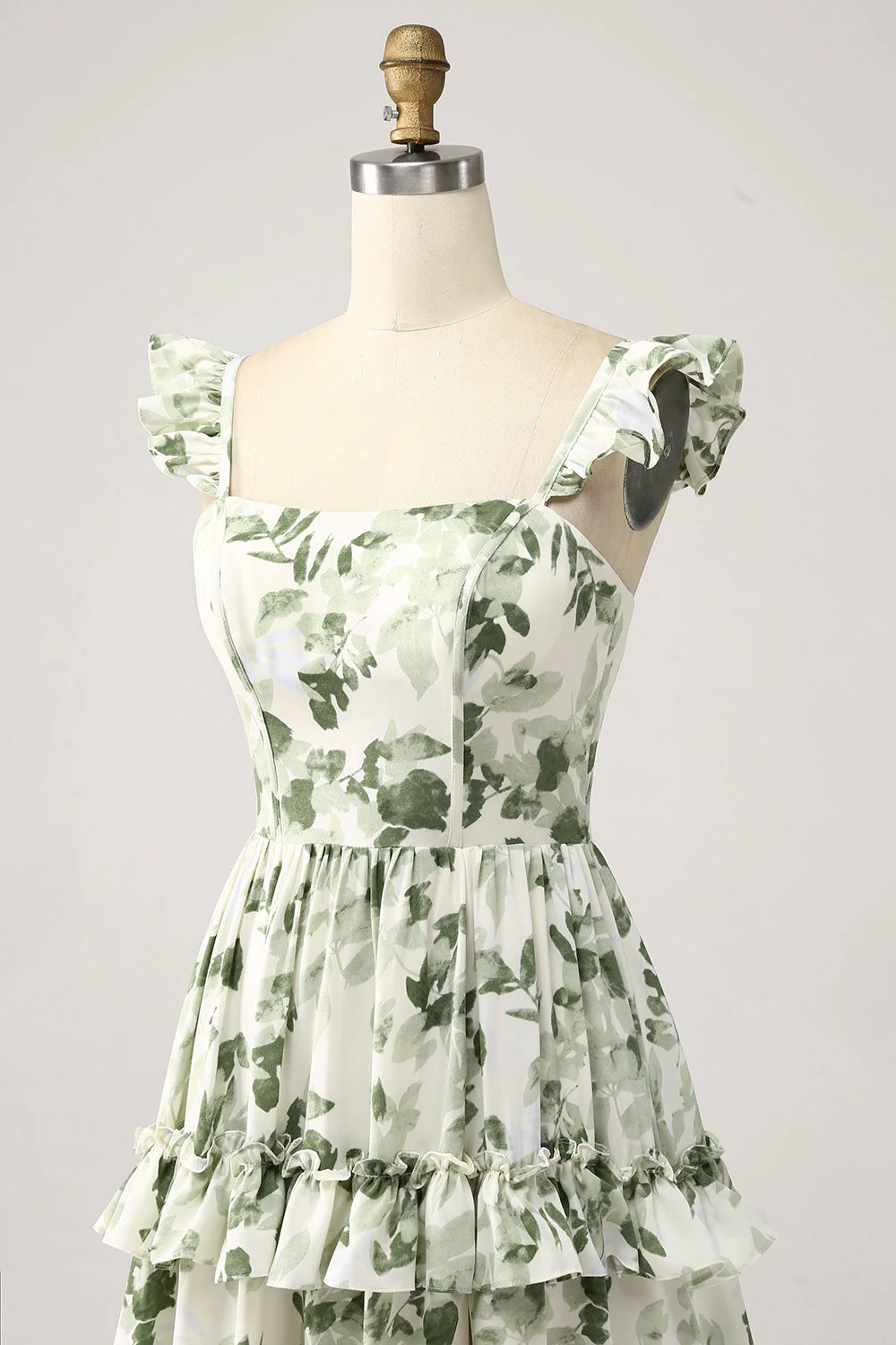 Robe de Soirée à volants floraux verts à plusieurs niveaux avec fente - Image 5