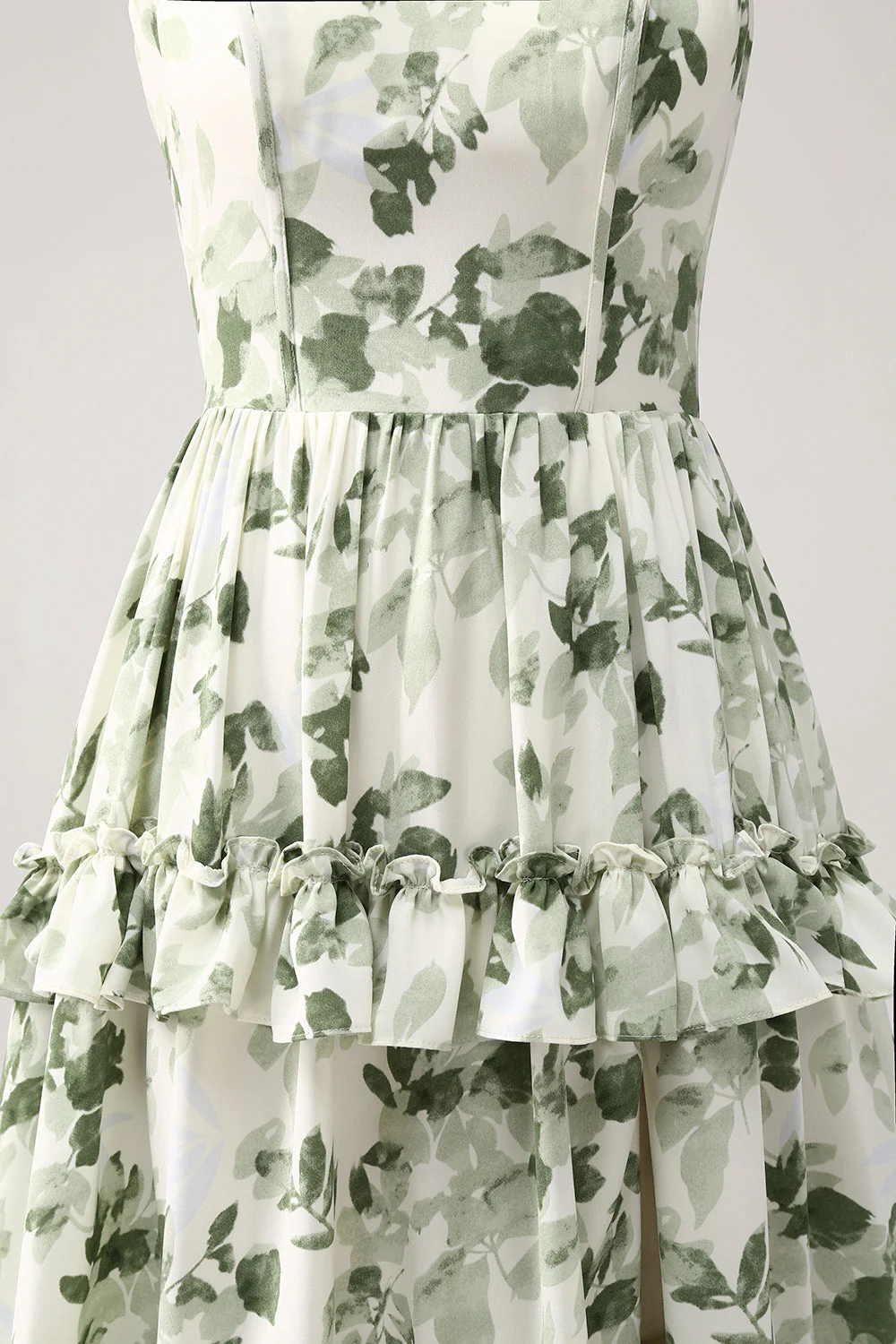 Robe de Soirée à volants floraux verts à plusieurs niveaux avec fente - Image 7