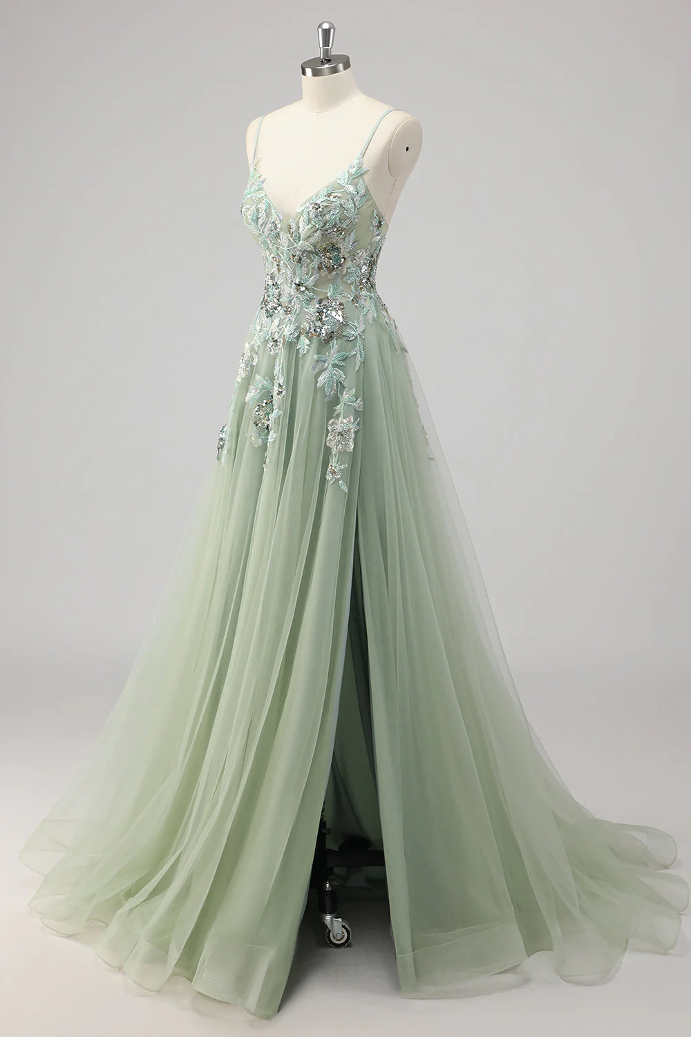Robe de soirée à paillettes vertes avec appliqué et fente - Image 3