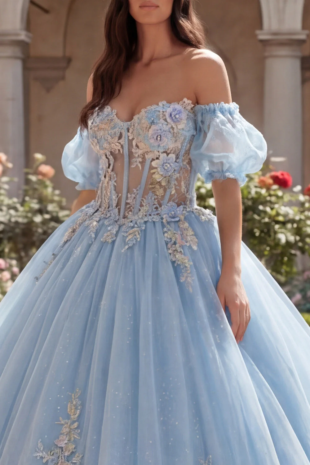 Robe de bal bleu ciel, corset appliqué à l’épaule décollée, robe quinceañera avec manches bouffantes - Image 3
