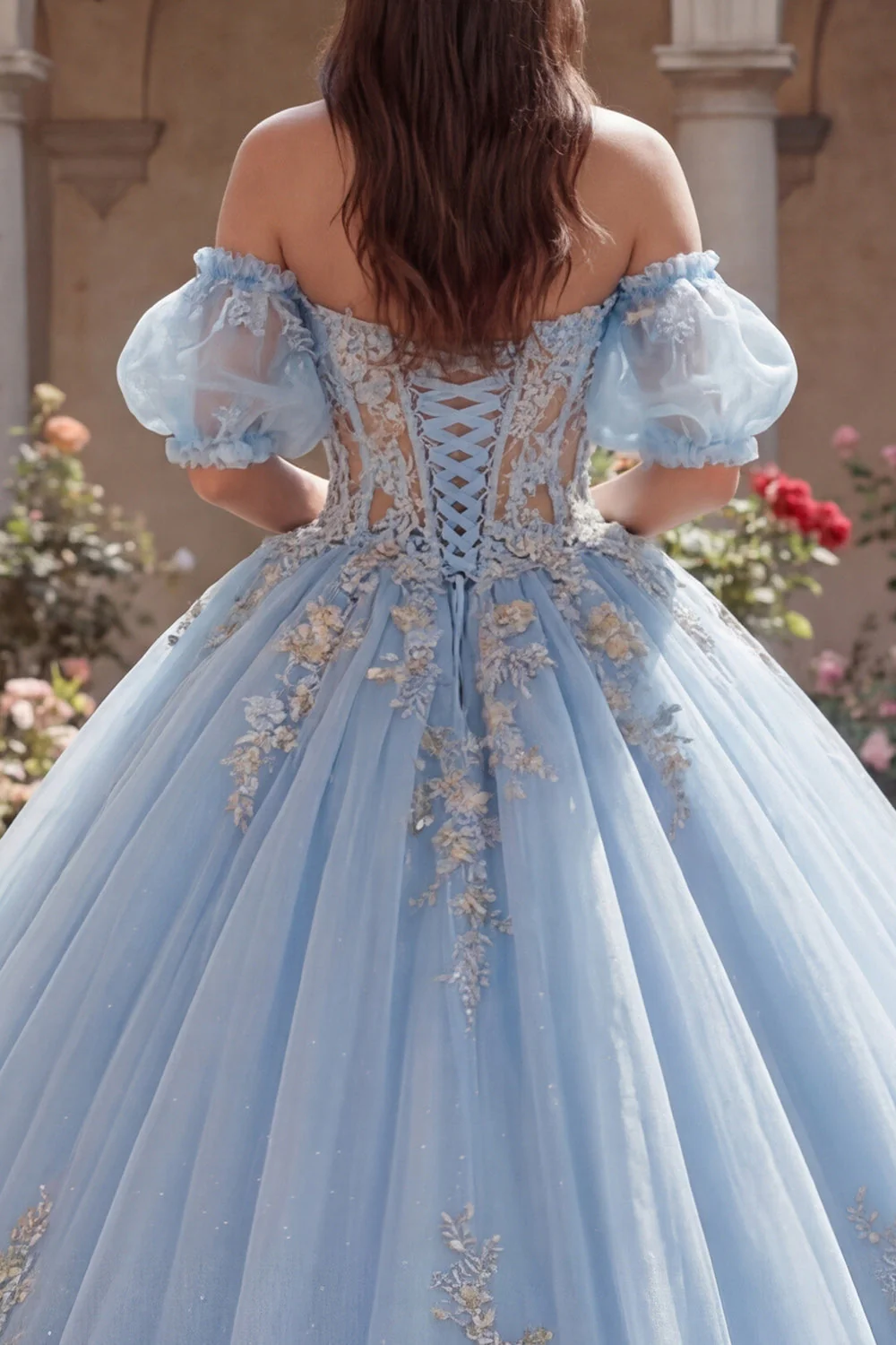 Robe de bal bleu ciel, corset appliqué à l’épaule décollée, robe quinceañera avec manches bouffantes - Image 4