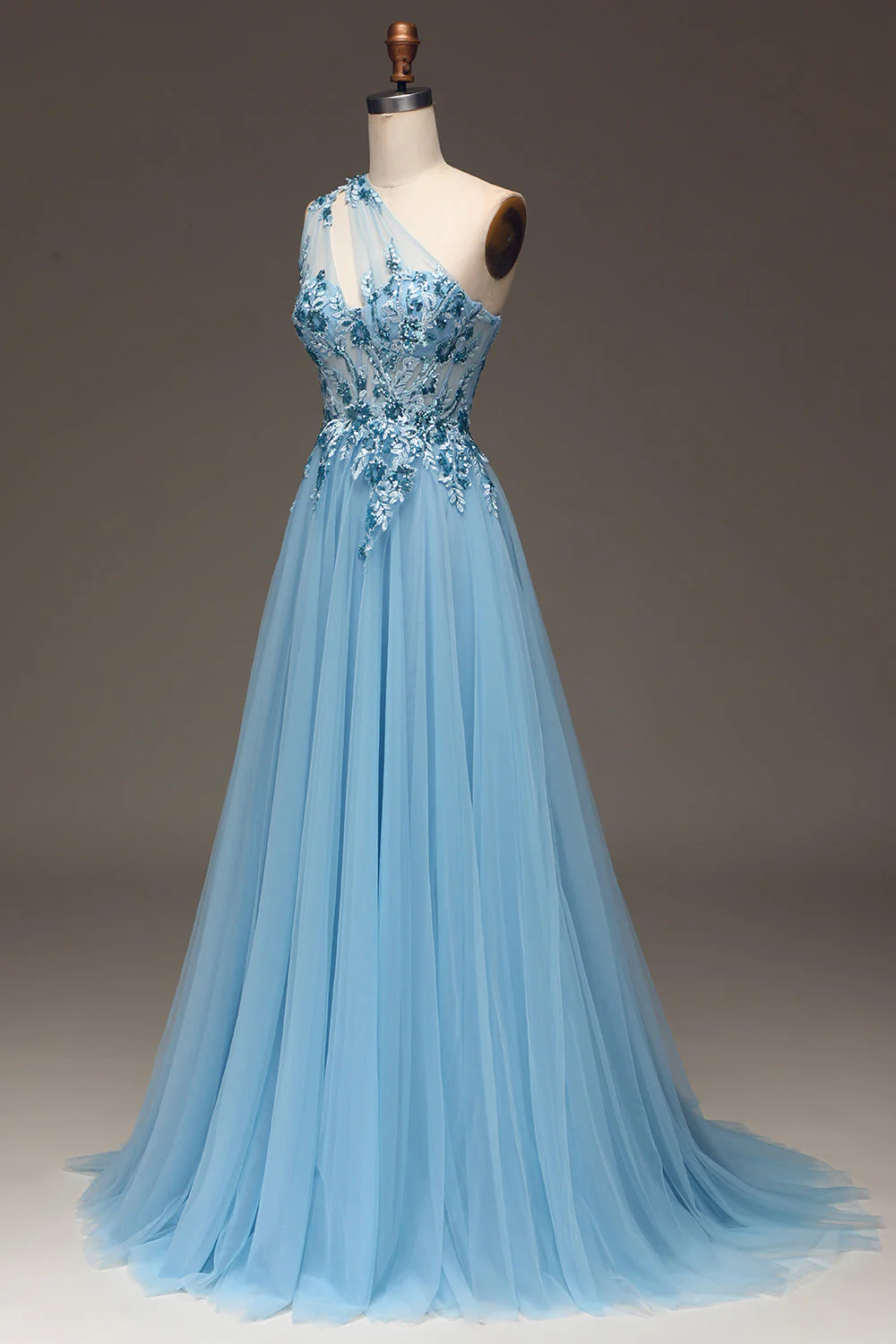 Robe de Soirée bleu clair à paillettes à une épaule avec appliques - Image 3