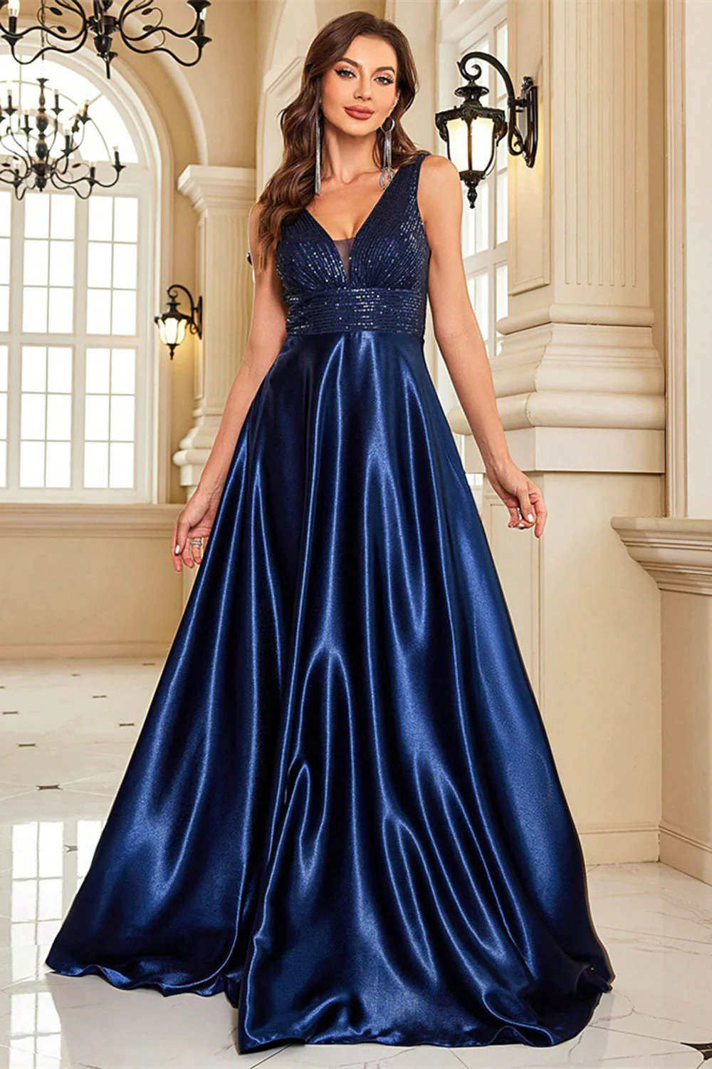 Robe de bal bleu marine à col en V avec poches - Image 3