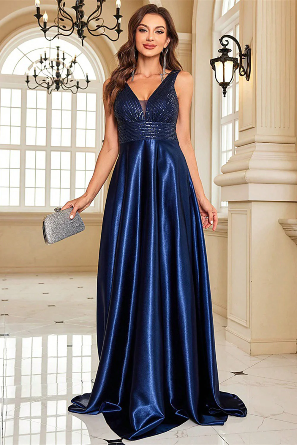 Robe de bal bleu marine à col en V avec poches - Image 5