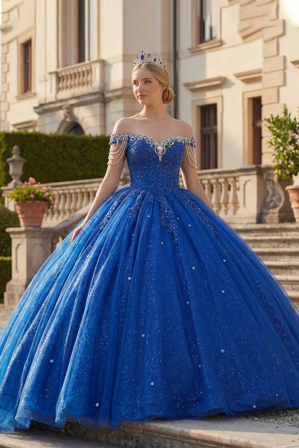 Robe de bal bleu royal à paillettes et robe de bal bleue décalée