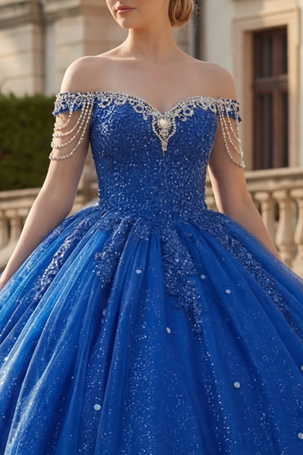 Robe de bal bleu royal à paillettes et robe de bal bleue décalée - Image 3