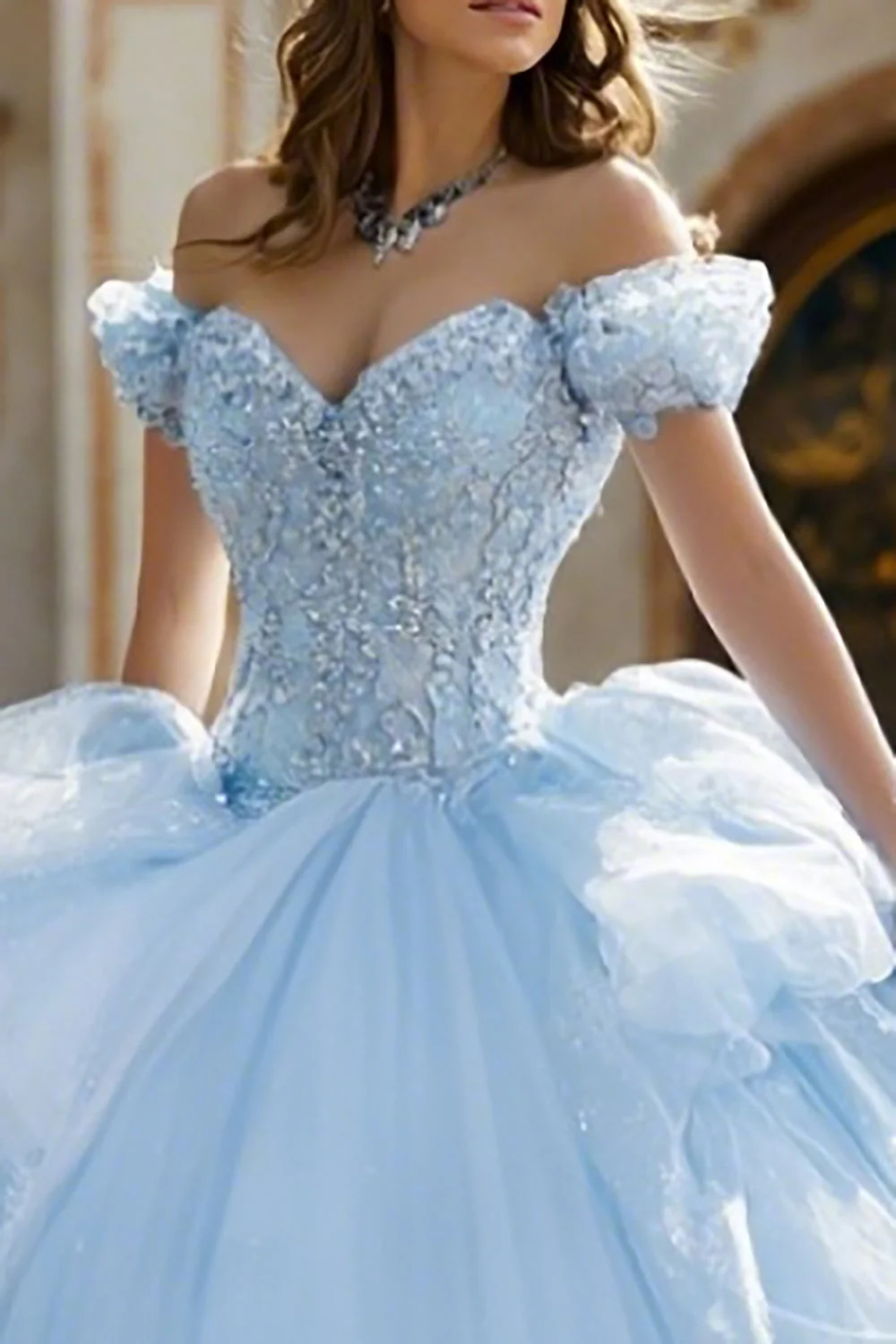 Robe de bal bleue à épaules dénudées, robe de bal à volants et volants - Image 2