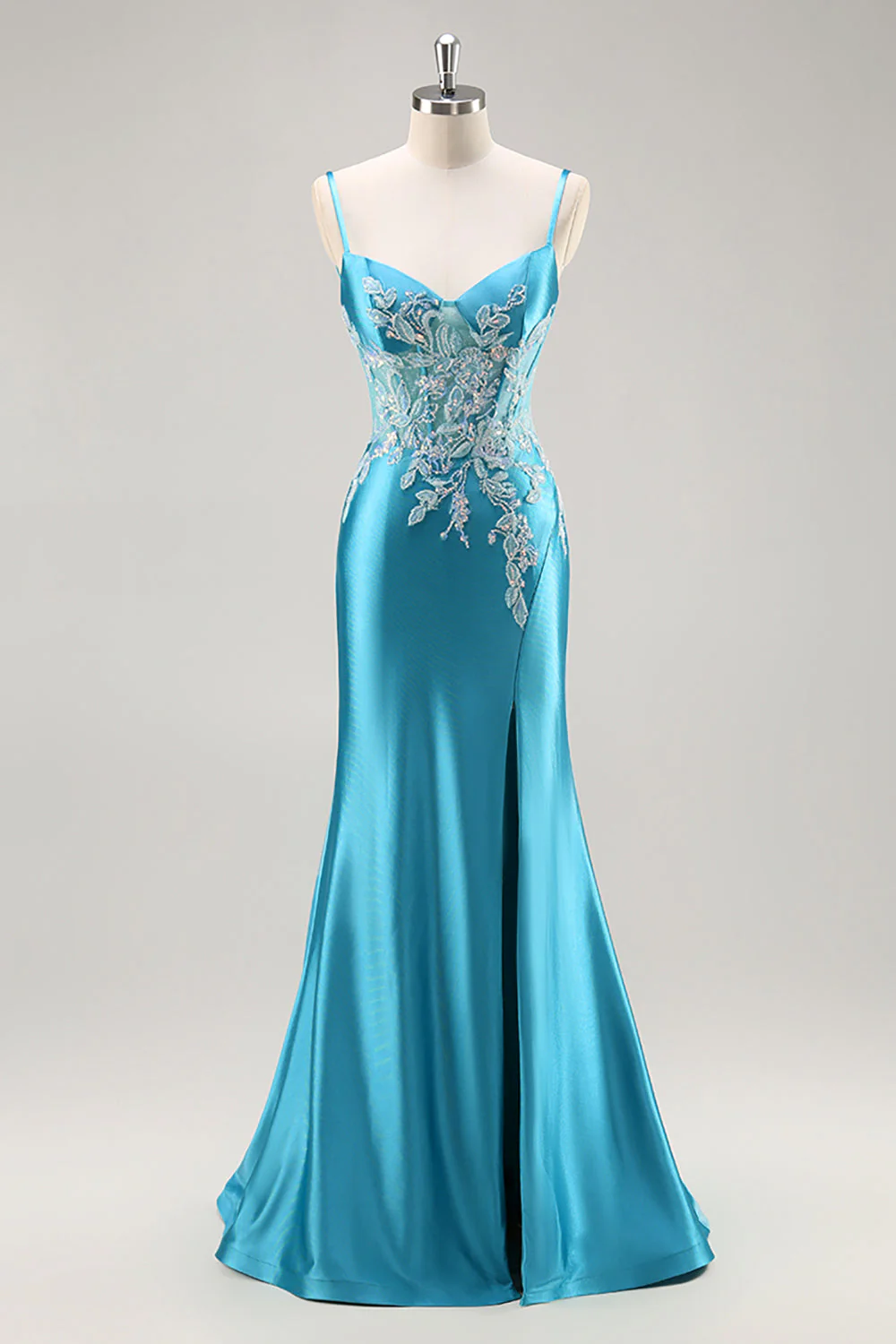 Robe de Soirée bleue corset en satin sirène avec perles