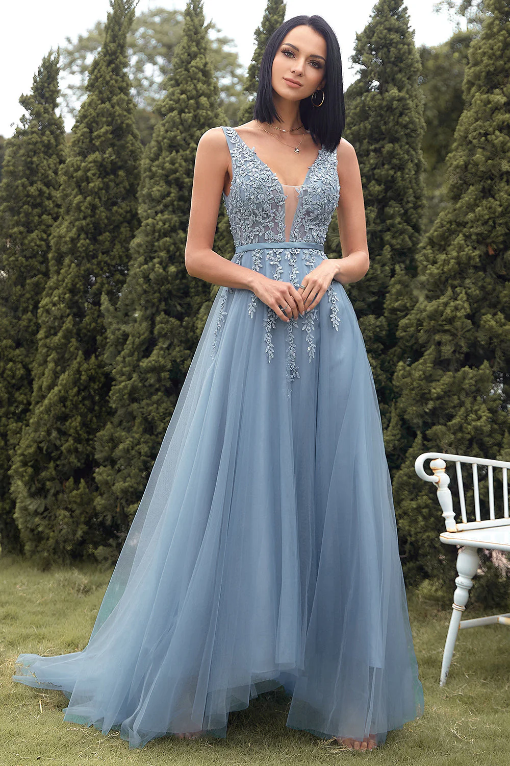 Robe de bal en tulle bleu avec appliques - Image 3