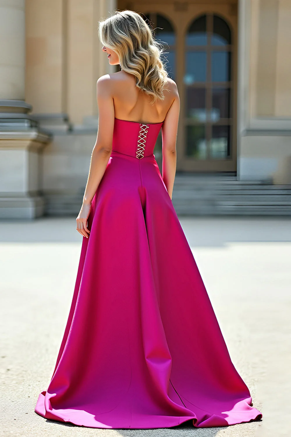 Robe de bal bustier Fuchsia A Line avec fente - Image 2