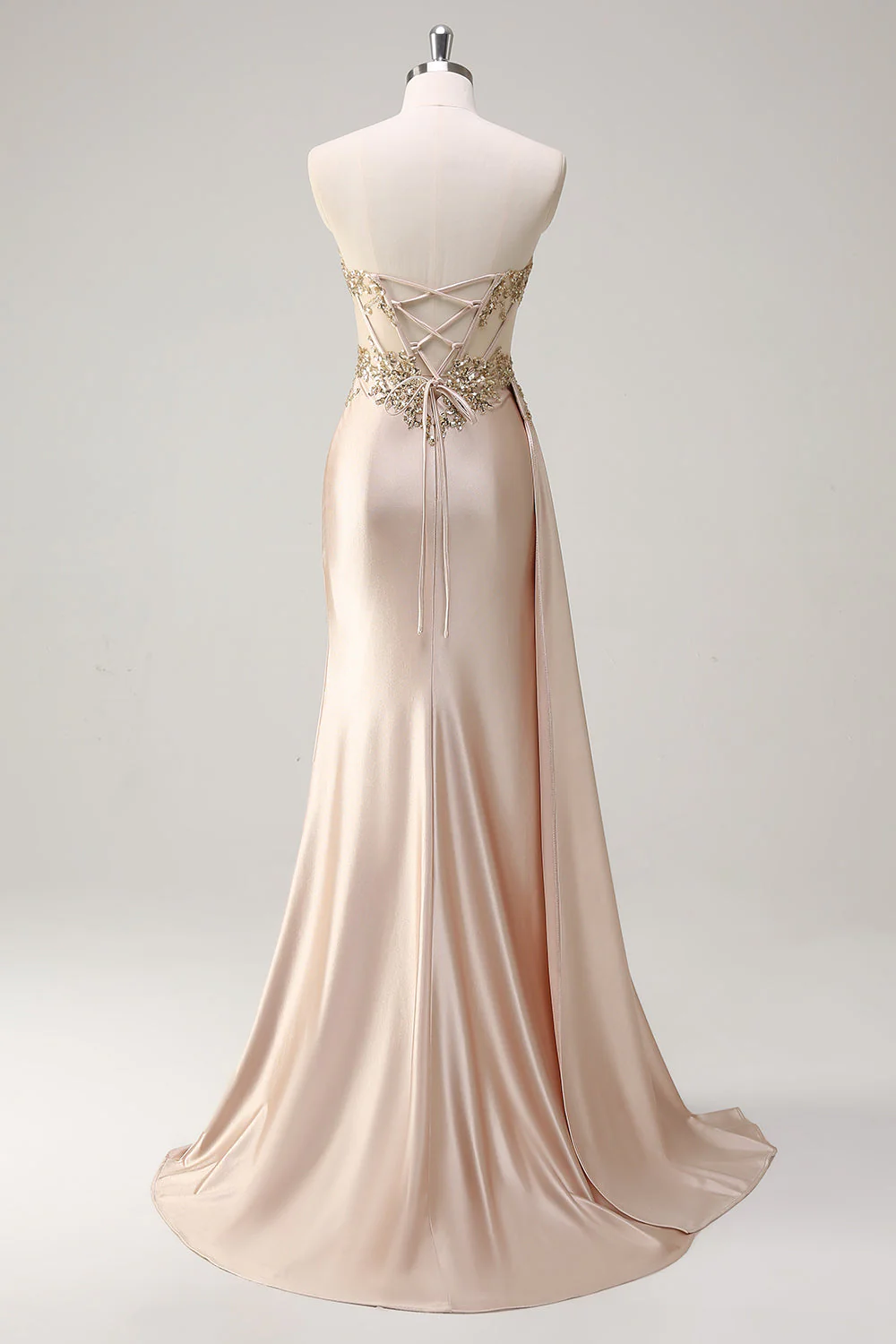 Robe de soirée bustier sirène champagne en satin sur le côté avec paillettes - Image 2
